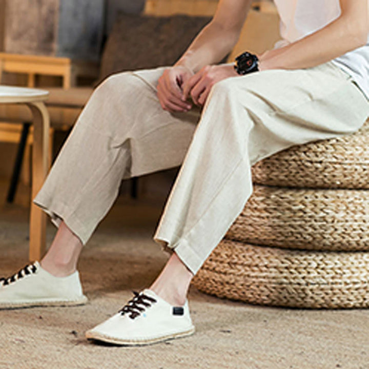 Pantaloni da uomo in cotone e lino con elastico in vita, casual, tinta unita, con coulisse e tasche, modello Buddha Stones - image 46