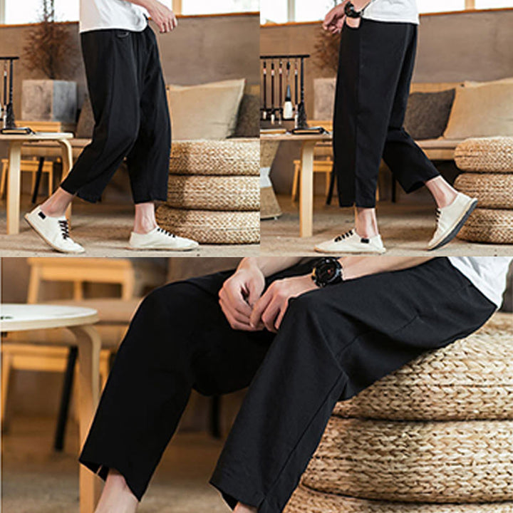 Pantaloni da uomo in cotone e lino con elastico in vita, casual, tinta unita, con coulisse e tasche, modello Buddha Stones - image 32