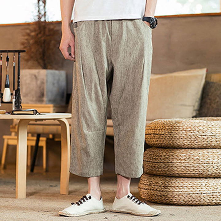 Pantaloni da uomo in cotone e lino con elastico in vita, casual, tinta unita, con coulisse e tasche, modello Buddha Stones - image 2