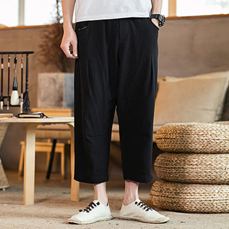 Pantaloni da uomo in cotone e lino con elastico in vita, casual, tinta unita, con coulisse e tasche, modello Buddha Stones - image 27