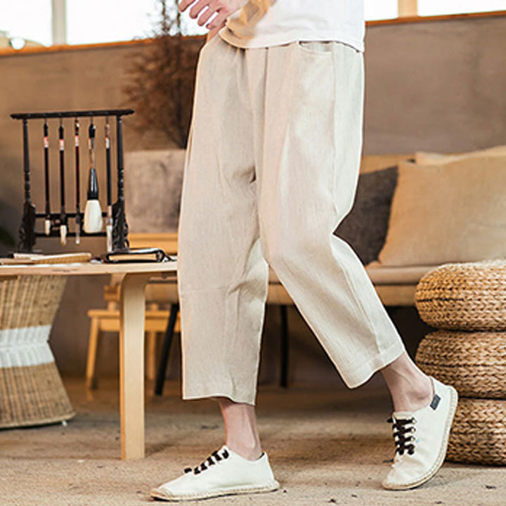 Pantaloni da uomo in cotone e lino con elastico in vita, casual, tinta unita, con coulisse e tasche, modello Buddha Stones - image 44