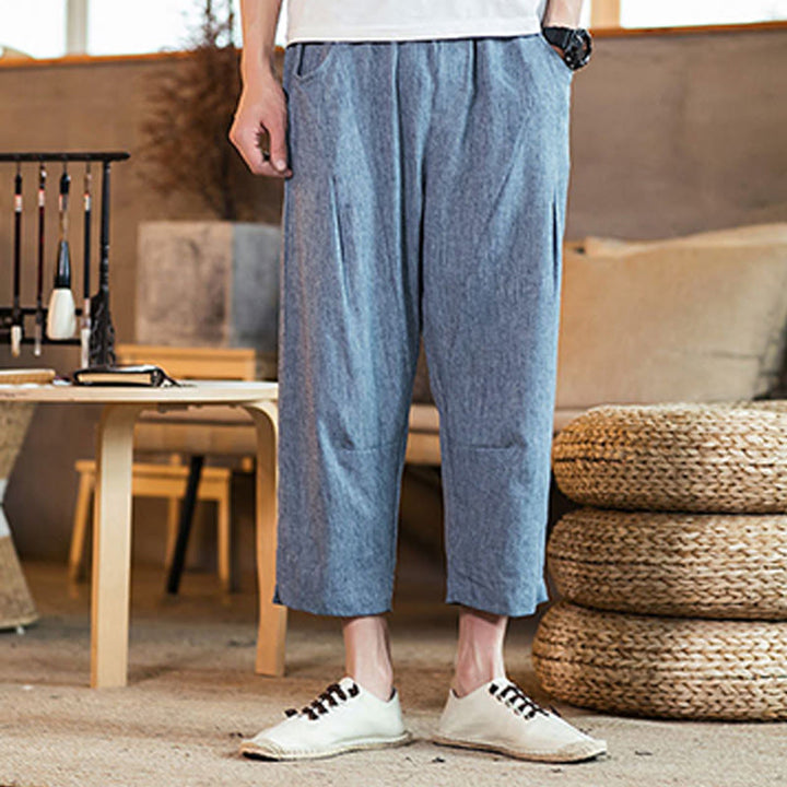 Pantaloni da uomo in cotone e lino con elastico in vita, casual, tinta unita, con coulisse e tasche, modello Buddha Stones - image 34