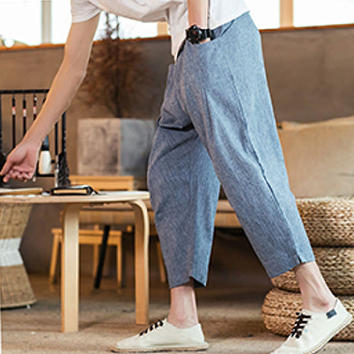 Pantaloni da uomo in cotone e lino con elastico in vita, casual, tinta unita, con coulisse e tasche, modello Buddha Stones - image 37