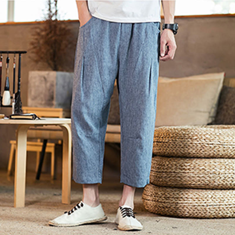 Pantaloni da uomo in cotone e lino con elastico in vita, casual, tinta unita, con coulisse e tasche, modello Buddha Stones - image 36