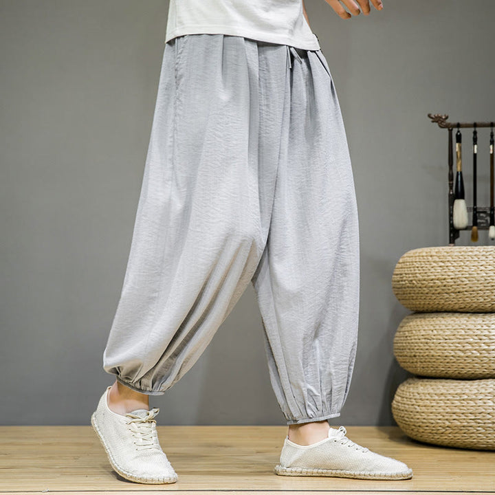 Pantaloni harem da uomo in cotone con coulisse, lunghezza caviglia , Buddha Stones Summer Plain, con tasche - Grigio chiaro - US/UK/AU46, EU56 (5XL) - image 9