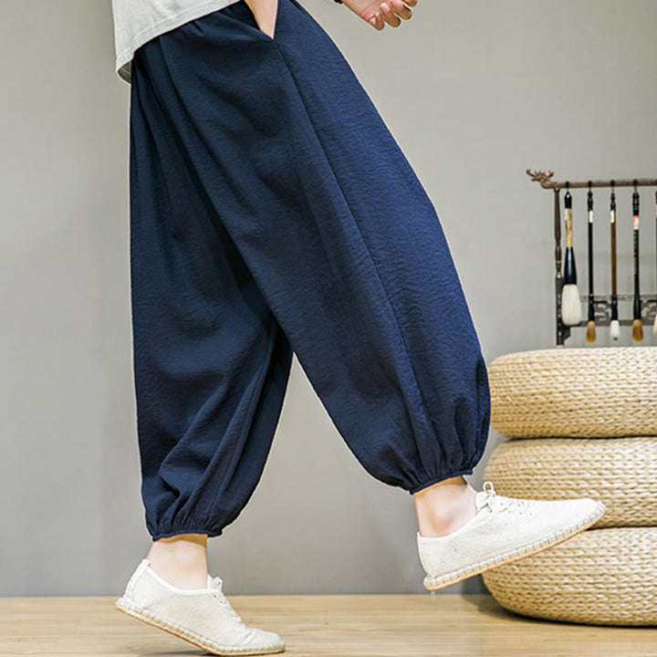 Pantaloni harem da uomo in cotone con coulisse, lunghezza caviglia , Buddha Stones Summer Plain, con tasche - image 3