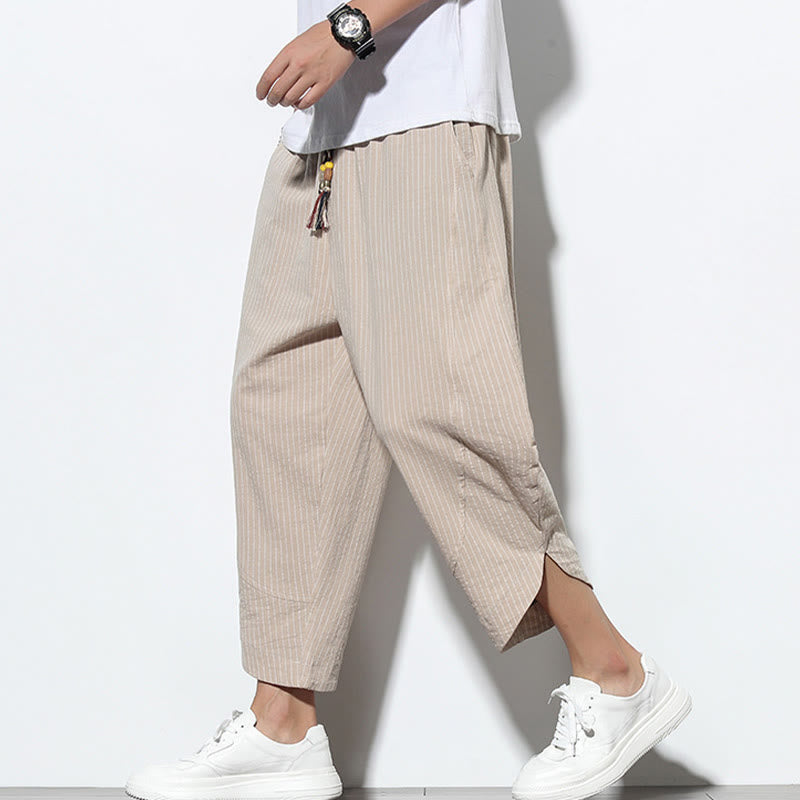 Pantaloni harem da uomo in cotone e lino con coulisse, lunghezza 7-8, con tasche, motivo a strisce estive Buddha Stones - image 1