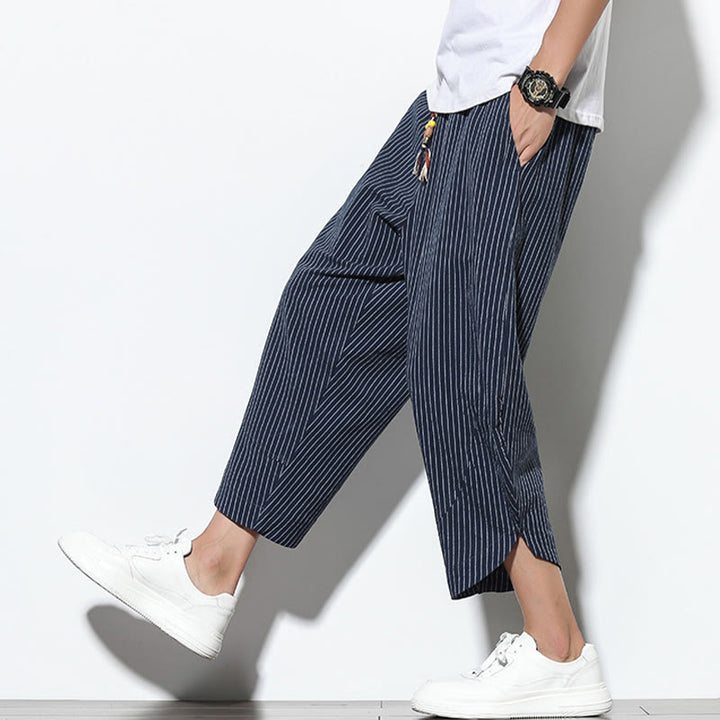 Pantaloni harem da uomo in cotone e lino con coulisse, lunghezza 7-8, con tasche, motivo a strisce estive Buddha Stones - image 36