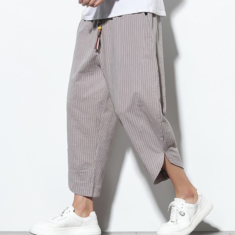 Pantaloni harem da uomo in cotone e lino con coulisse, lunghezza 7-8, con tasche, motivo a strisce estive Buddha Stones - image 27
