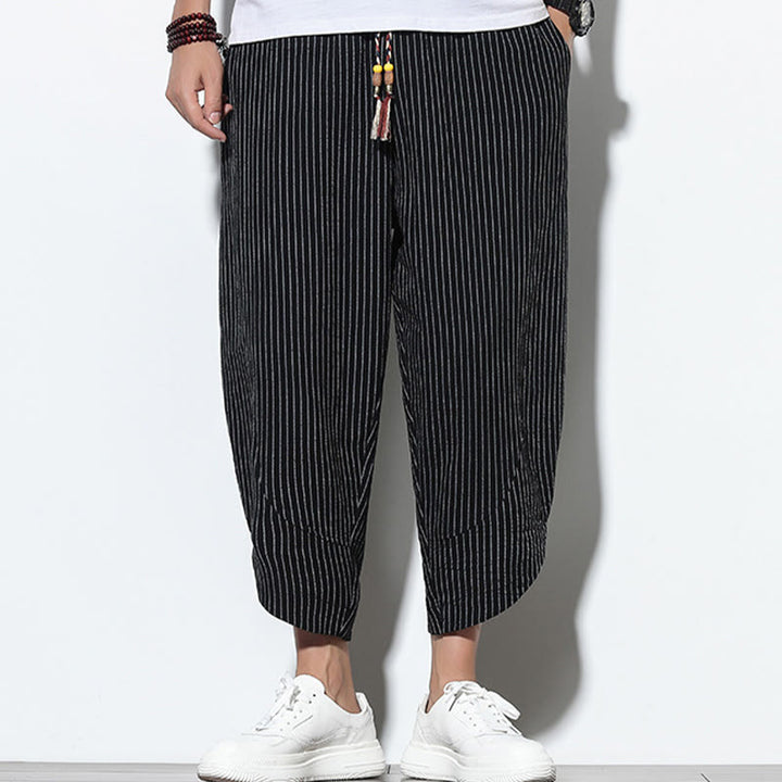 Pantaloni harem da uomo in cotone e lino con coulisse, lunghezza 7-8, con tasche, motivo a strisce estive Buddha Stones - image 17