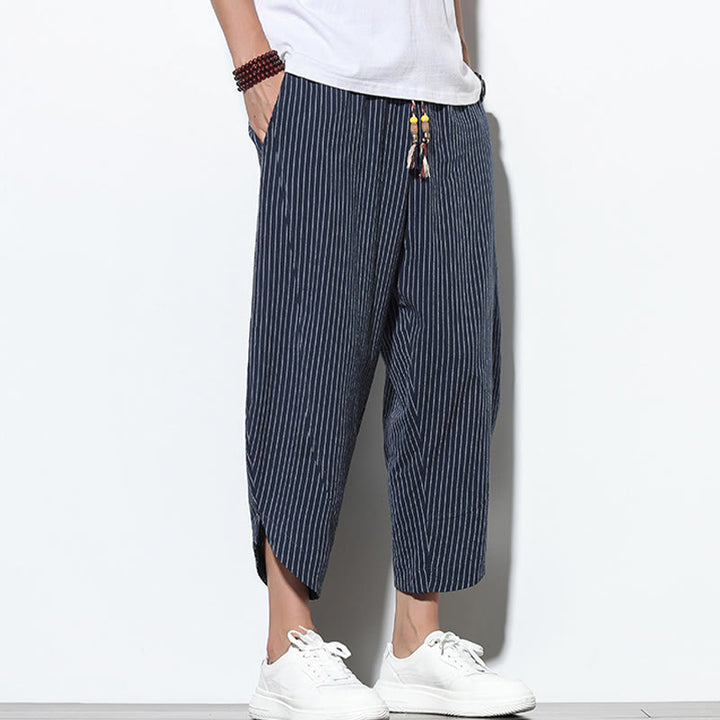 Pantaloni harem da uomo in cotone e lino con coulisse, lunghezza 7-8, con tasche, motivo a strisce estive Buddha Stones - image 34