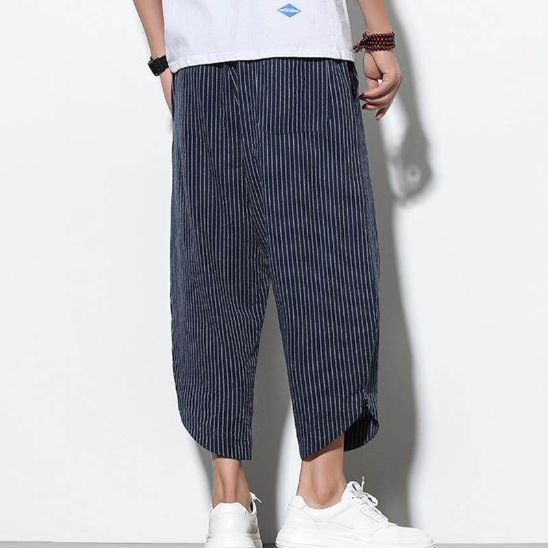 Pantaloni harem da uomo in cotone e lino con coulisse, lunghezza 7-8, con tasche, motivo a strisce estive Buddha Stones - image 35