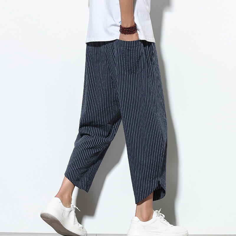 Pantaloni harem da uomo in cotone e lino con coulisse, lunghezza 7-8, con tasche, motivo a strisce estive Buddha Stones - image 37