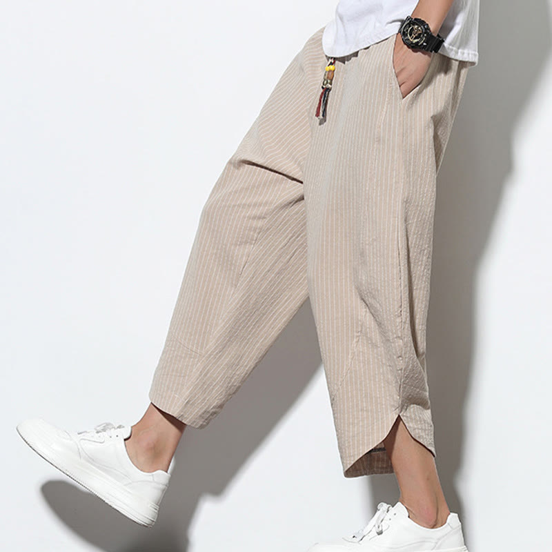 Pantaloni harem da uomo in cotone e lino con coulisse, lunghezza 7-8, con tasche, motivo a strisce estive Buddha Stones - Bianco antico - US/UK/AU46, EU56 (5XL) - image 0