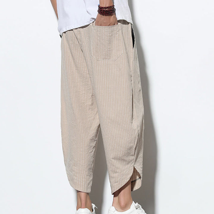 Pantaloni harem da uomo in cotone e lino con coulisse, lunghezza 7-8, con tasche, motivo a strisce estive Buddha Stones - image 8