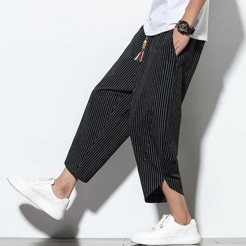Pantaloni harem da uomo in cotone e lino con coulisse, lunghezza 7-8, con tasche, motivo a strisce estive Buddha Stones - image 16