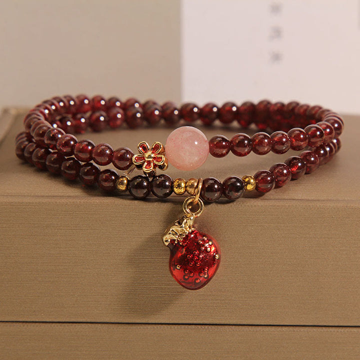 Braccialetto di protezione con campanella a forma di fiore, perline di quarzo rosa granato ultrasottili naturali da 3 mm Buddha Stones