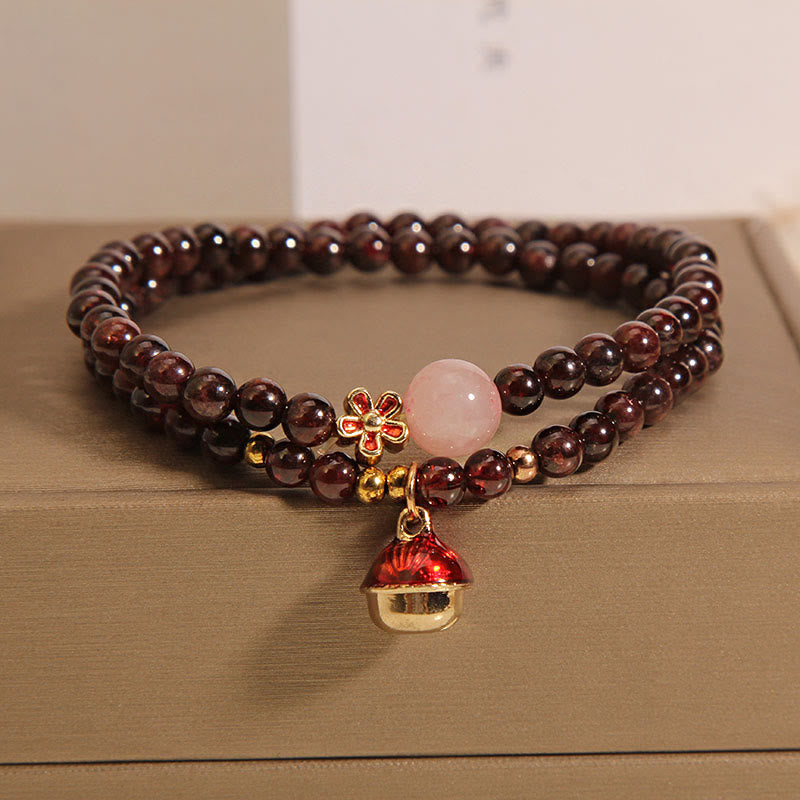 Braccialetto di protezione con campanella a forma di fiore, perline di quarzo rosa granato ultrasottili naturali da 3 mm Buddha Stones