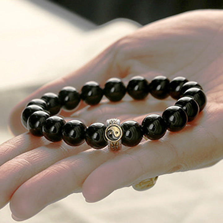 Braccialetto di adempimento del mantra dei nove caratteri Yin Yang in ossidiana nera Buddha Stones