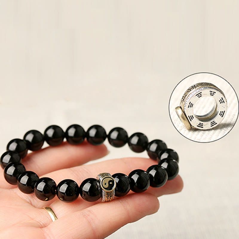 Braccialetto di adempimento del mantra dei nove caratteri Yin Yang in ossidiana nera Buddha Stones