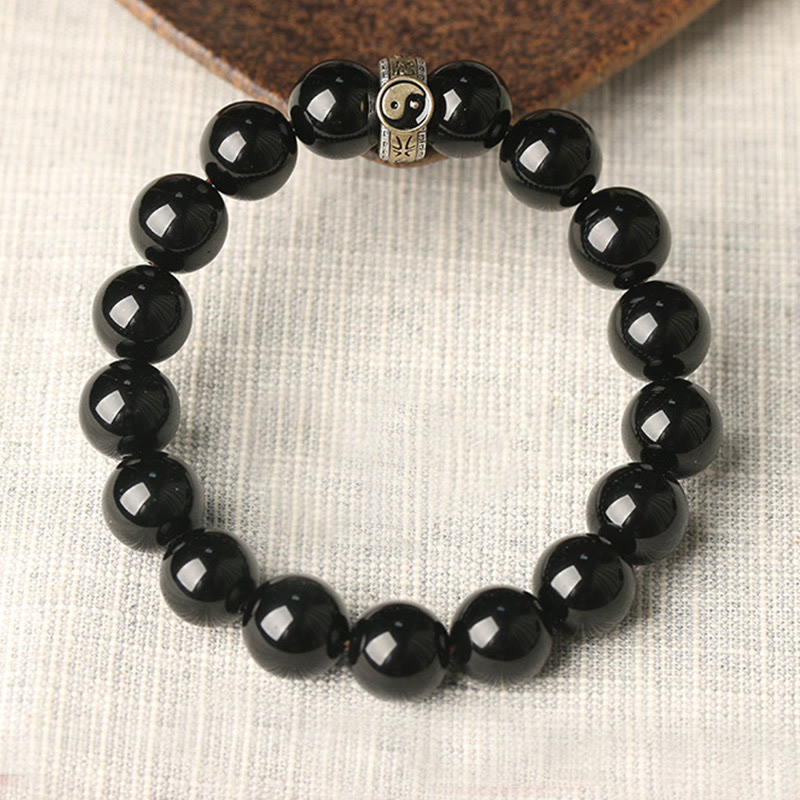 Braccialetto di adempimento del mantra dei nove caratteri Yin Yang in ossidiana nera Buddha Stones