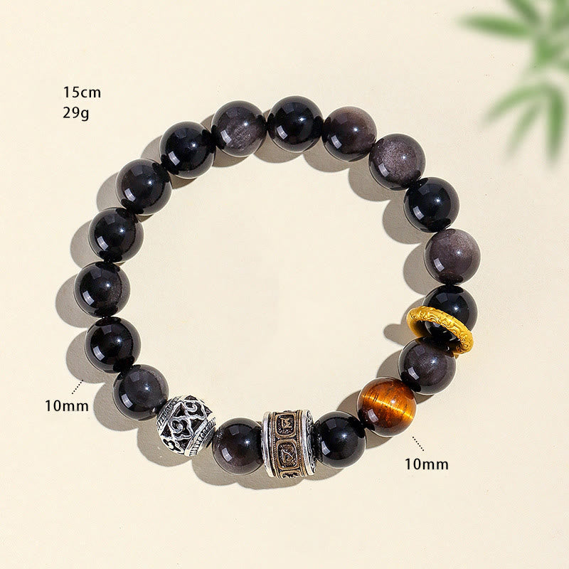 Bracciale di protezione Om Mani Padme Hum in ossidiana lucida color argento Buddha Stones