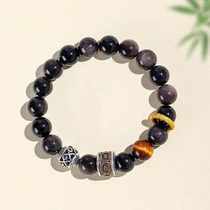 Bracciale di protezione Om Mani Padme Hum in ossidiana lucida color argento Buddha Stones