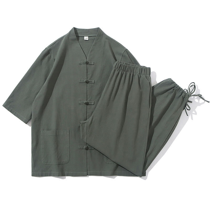 Set di 2 pezzi di tuta da uomo in cotone e lino con bottoni a rana, camicia e pantaloni con tasche, per meditazione, Buddha Stones - image 12
