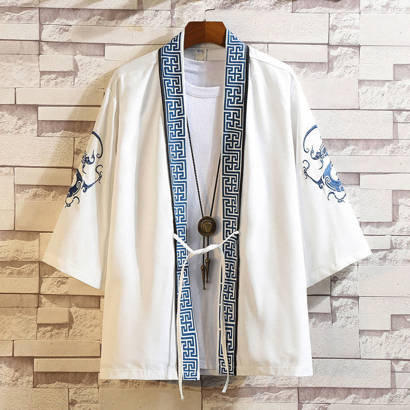 Giacca da uomo con kimono aperto sul davanti, ricamo di Buddha Stones, drago, fenice, nuvola di buon auspicio, onde, foglie, gru - Strisce del drago bianco-bianco - US/UK/AU46, EU56 (5XL) - image 3
