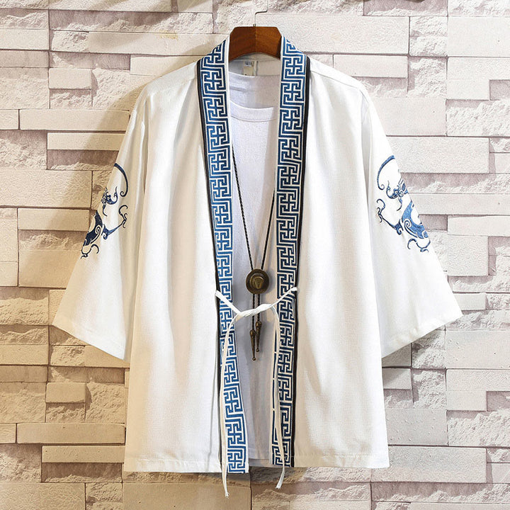 Giacca da uomo con kimono aperto sul davanti, ricamo di Buddha Stones, drago, fenice, nuvola di buon auspicio, onde, foglie, gru - Strisce del drago bianco-bianco - US/UK/AU46, EU56 (5XL) - image 3