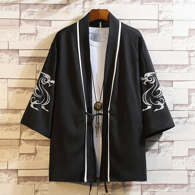 Giacca da uomo con kimono aperto sul davanti, ricamo di Buddha Stones, drago, fenice, nuvola di buon auspicio, onde, foglie, gru - Drago Bianco-Nero - US/UK/AU46, EU56 (5XL) - image 6