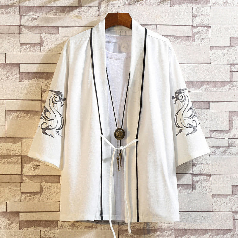 Giacca da uomo con kimono aperto sul davanti, ricamo di Buddha Stones, drago, fenice, nuvola di buon auspicio, onde, foglie, gru - Drago Bianco-Bianco - US/UK/AU46, EU56 (5XL) - image 8
