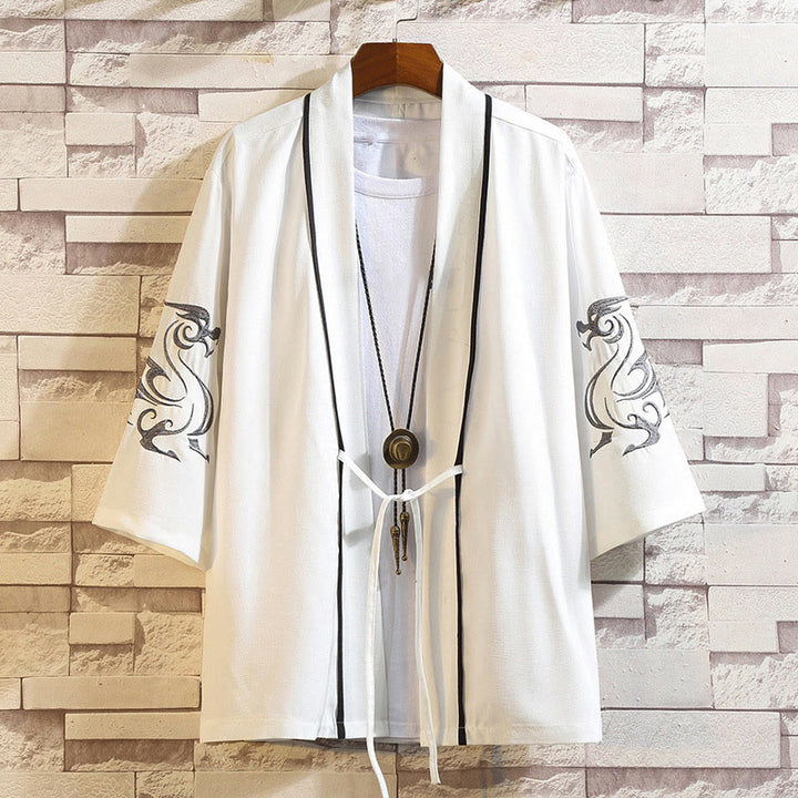 Giacca da uomo con kimono aperto sul davanti, ricamo di Buddha Stones, drago, fenice, nuvola di buon auspicio, onde, foglie, gru - Drago Bianco-Bianco - US/UK/AU46, EU56 (5XL) - image 8