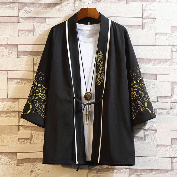 Giacca da uomo con kimono aperto sul davanti, ricamo di Buddha Stones, drago, fenice, nuvola di buon auspicio, onde, foglie, gru - Drago d'oro Nuvole Auspiciose-Nero - US/UK/AU46, EU56 (5XL) - image 10