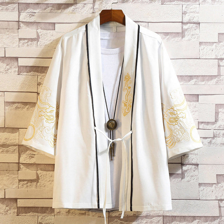 Giacca da uomo con kimono aperto sul davanti, ricamo di Buddha Stones, drago, fenice, nuvola di buon auspicio, onde, foglie, gru - Drago d'oro Nuvole propizie - Bianco - US/UK/AU46, EU56 (5XL) - image 12