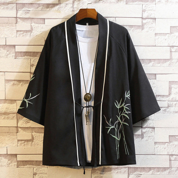 Giacca da uomo con kimono aperto sul davanti, ricamo di Buddha Stones, drago, fenice, nuvola di buon auspicio, onde, foglie, gru - Foglie nere - US/UK/AU46, EU56 (5XL) - image 14