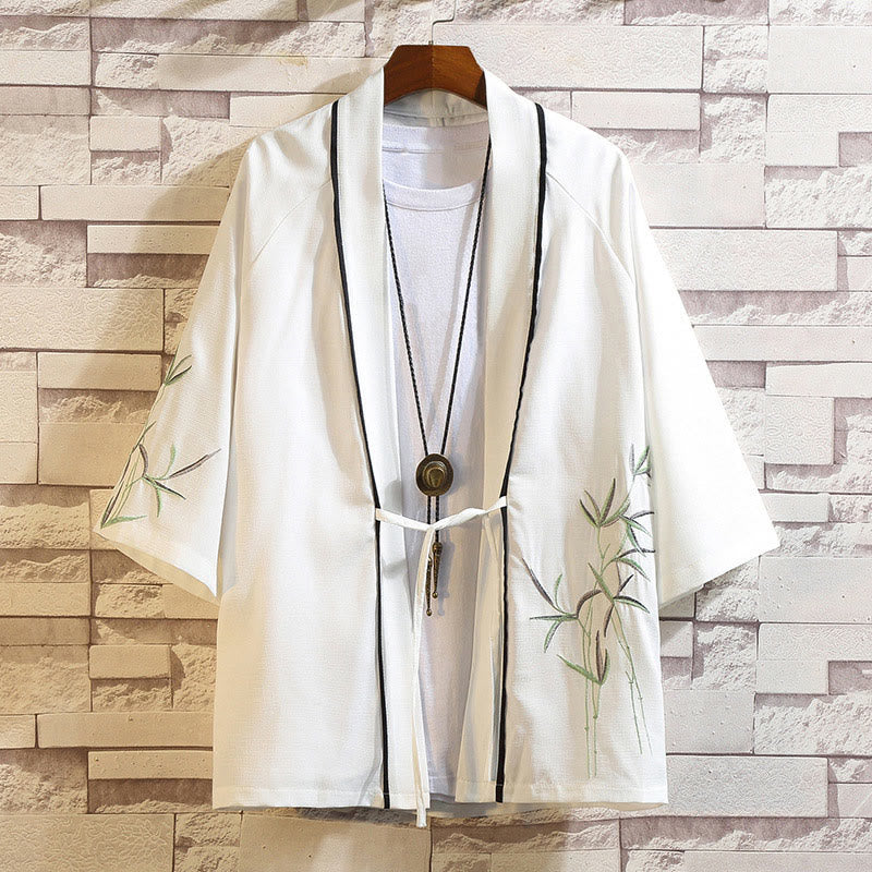 Giacca da uomo con kimono aperto sul davanti, ricamo di Buddha Stones, drago, fenice, nuvola di buon auspicio, onde, foglie, gru - Foglie bianche - US/UK/AU46, EU56 (5XL) - image 16
