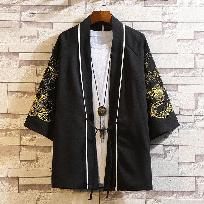 Giacca da uomo con kimono aperto sul davanti, ricamo di Buddha Stones, drago, fenice, nuvola di buon auspicio, onde, foglie, gru - Drago Dorato Fenice-Nero - US/UK/AU46, EU56 (5XL) - image 18