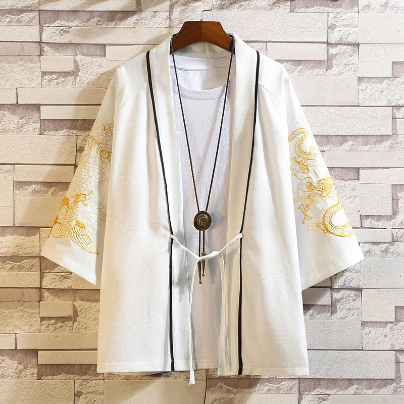 Giacca da uomo con kimono aperto sul davanti, ricamo di Buddha Stones, drago, fenice, nuvola di buon auspicio, onde, foglie, gru - Drago Dorato Fenice-Bianco - US/UK/AU46, EU56 (5XL) - image 20