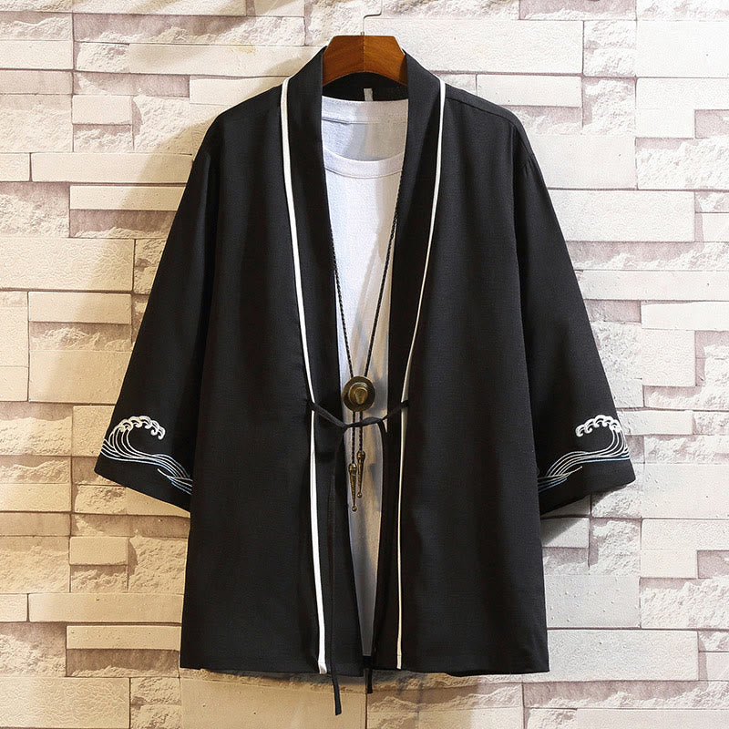 Giacca da uomo con kimono aperto sul davanti, ricamo di Buddha Stones, drago, fenice, nuvola di buon auspicio, onde, foglie, gru - Onde oceaniche - Nero - US/UK/AU46, EU56 (5XL) - image 37