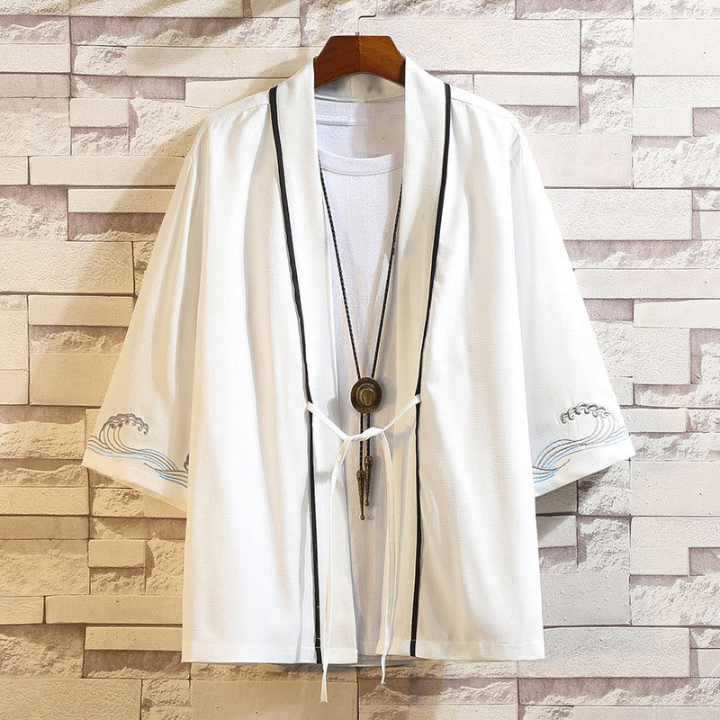 Giacca da uomo con kimono aperto sul davanti, ricamo di Buddha Stones, drago, fenice, nuvola di buon auspicio, onde, foglie, gru - Onde dell'oceano - Bianche - US/UK/AU46, EU56 (5XL) - image 39