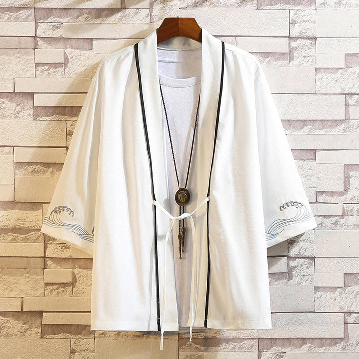 Giacca da uomo con kimono aperto sul davanti, ricamo di Buddha Stones, drago, fenice, nuvola di buon auspicio, onde, foglie, gru - Onde dell'oceano - Bianche - US/UK/AU46, EU56 (5XL) - image 39