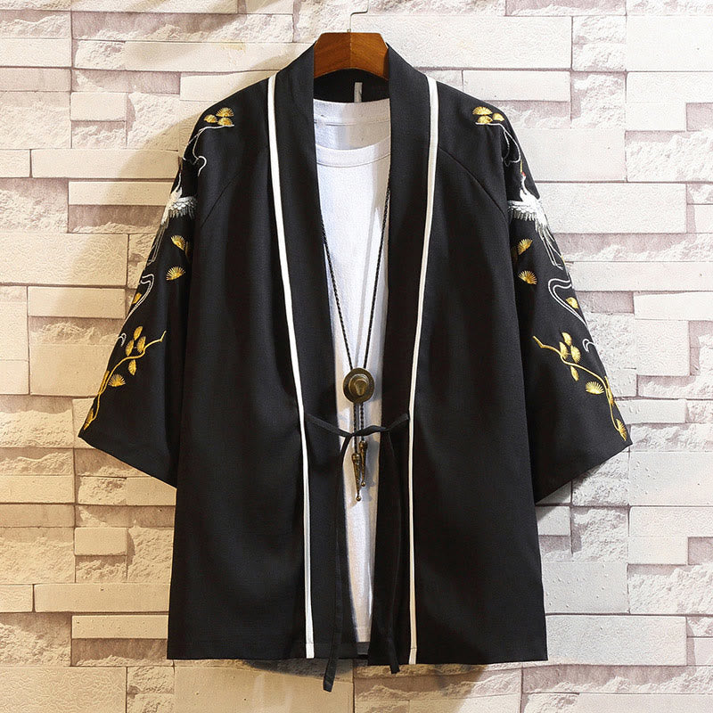 Giacca da uomo con kimono aperto sul davanti, ricamo di Buddha Stones, drago, fenice, nuvola di buon auspicio, onde, foglie, gru - Gru bianca-nera - US/UK/AU46, EU56 (5XL) - image 41