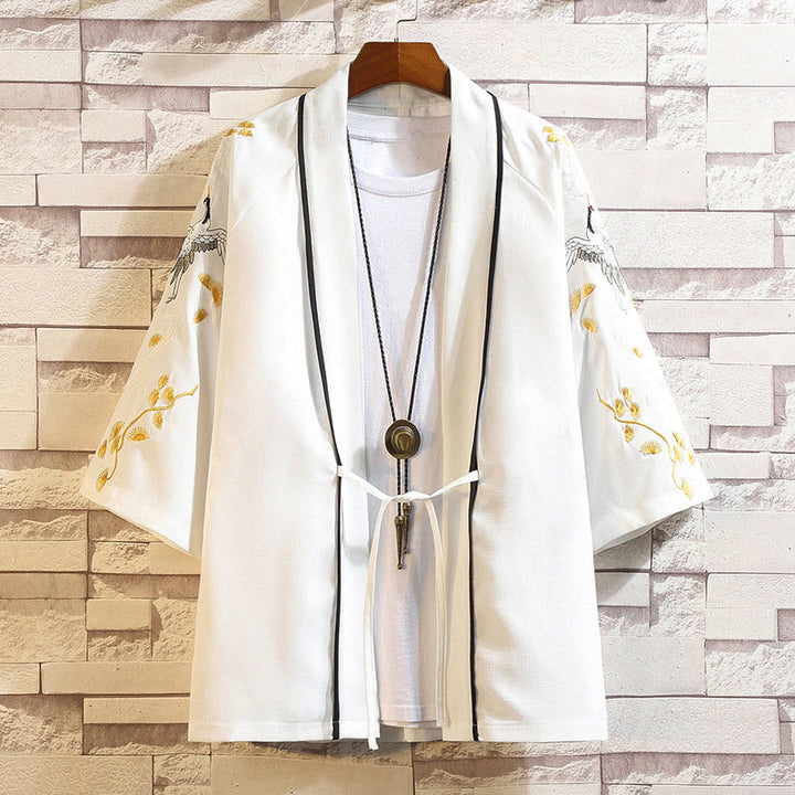 Giacca da uomo con kimono aperto sul davanti, ricamo di Buddha Stones, drago, fenice, nuvola di buon auspicio, onde, foglie, gru - Gru bianca-bianca - US/UK/AU46, EU56 (5XL) - image 43