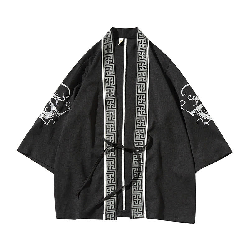 Giacca da uomo con kimono aperto sul davanti, ricamo di Buddha Stones, drago, fenice, nuvola di buon auspicio, onde, foglie, gru - image 2