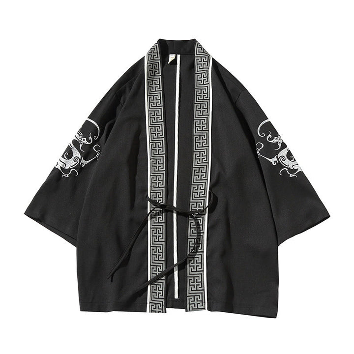 Giacca da uomo con kimono aperto sul davanti, ricamo di Buddha Stones, drago, fenice, nuvola di buon auspicio, onde, foglie, gru - image 2