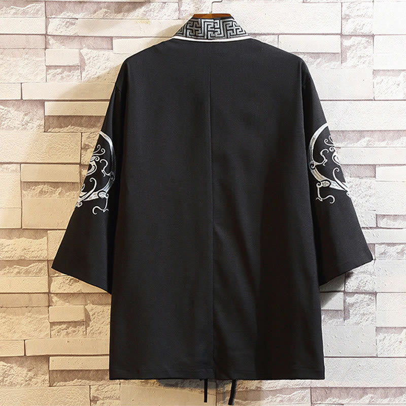 Giacca da uomo con kimono aperto sul davanti, ricamo di Buddha Stones, drago, fenice, nuvola di buon auspicio, onde, foglie, gru - image 1