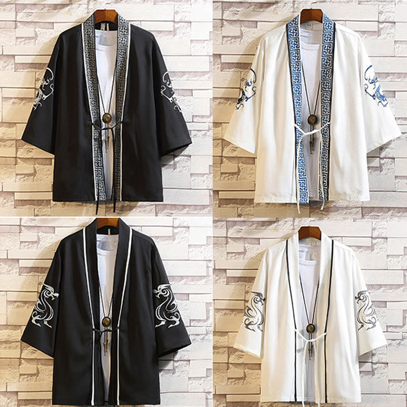 Giacca da uomo con kimono aperto sul davanti, ricamo di Buddha Stones, drago, fenice, nuvola di buon auspicio, onde, foglie, gru - image 45