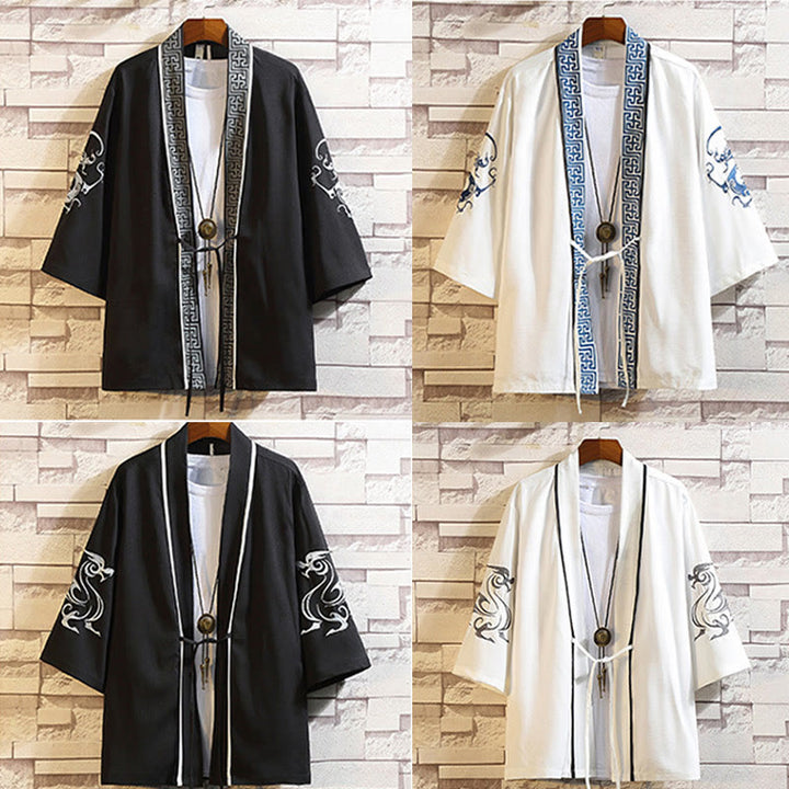 Giacca da uomo con kimono aperto sul davanti, ricamo di Buddha Stones, drago, fenice, nuvola di buon auspicio, onde, foglie, gru - image 45