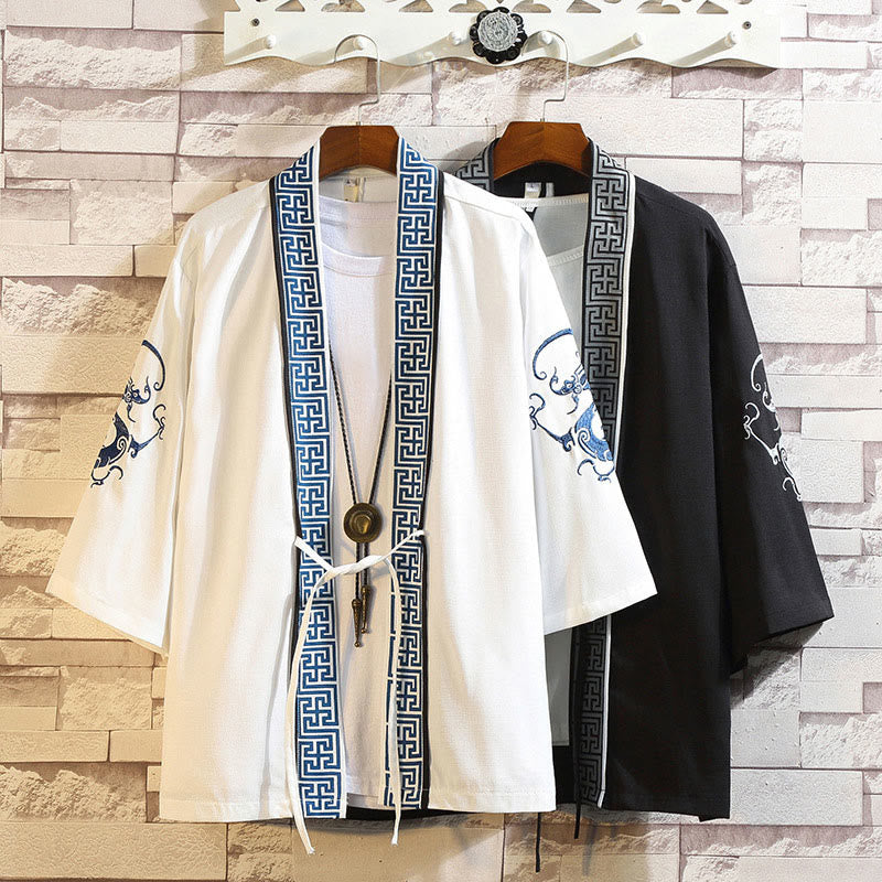 Giacca da uomo con kimono aperto sul davanti, ricamo di Buddha Stones, drago, fenice, nuvola di buon auspicio, onde, foglie, gru - image 5